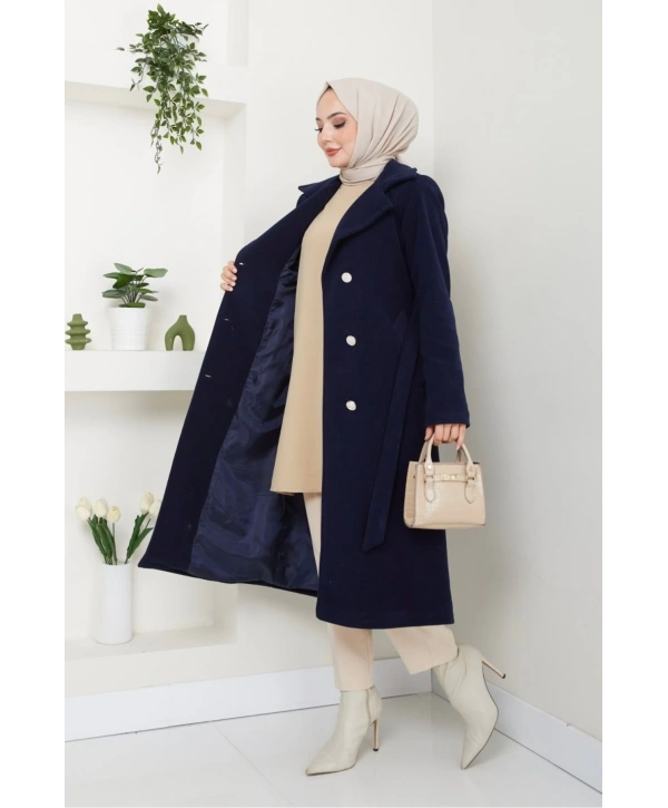 Kadın Polar Kaşe Uzun Kaban / M0107 - Lacivert