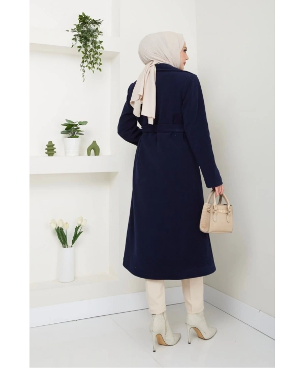 Kadın Polar Kaşe Uzun Kaban / M0107 - Lacivert