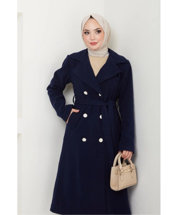 Kadın Polar Kaşe Uzun Kaban / M0107 - Lacivert