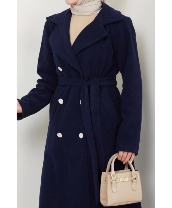 Kadın Polar Kaşe Uzun Kaban / M0107 - Lacivert