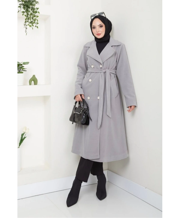Kadın Polar Kaşe Uzun Kaban / M0107 - Gri