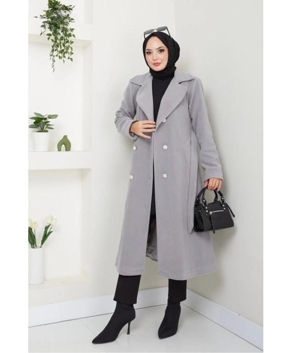 Kadın Polar Kaşe Uzun Kaban / M0107 - Gri