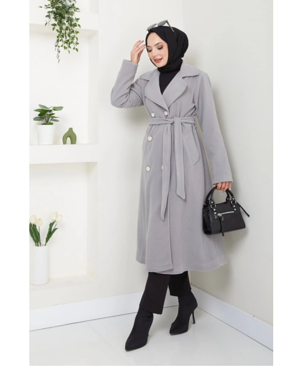 Kadın Polar Kaşe Uzun Kaban / M0107 - Gri