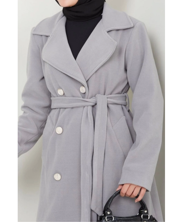 Kadın Polar Kaşe Uzun Kaban / M0107 - Gri