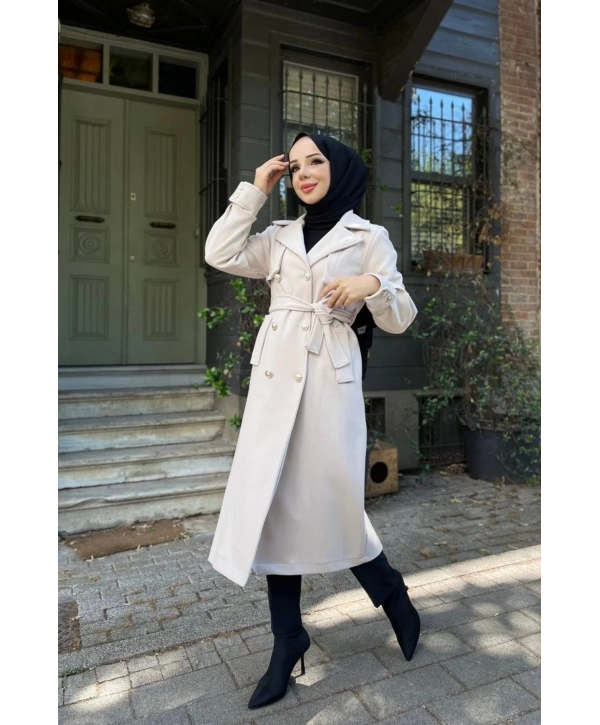 Kadın Kruvaze Polar Kaşe Kaban / M0108 - Krem