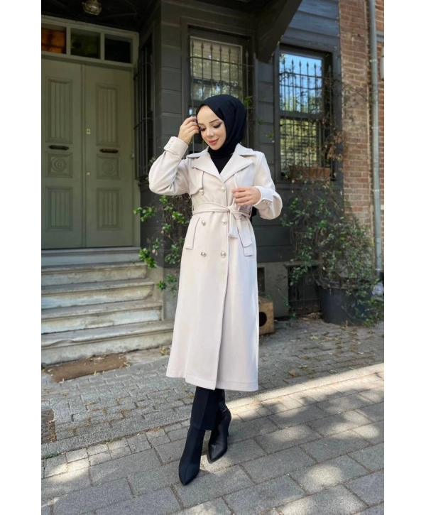 Kadın Kruvaze Polar Kaşe Kaban / M0108 - Krem