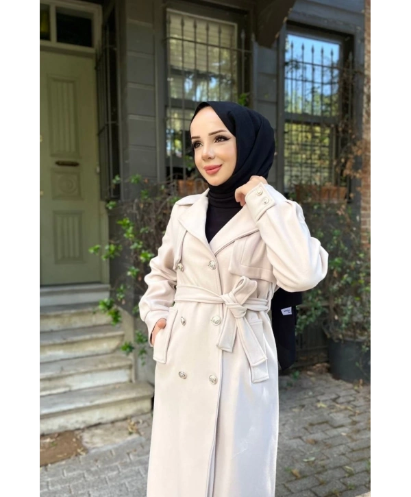 Kadın Kruvaze Polar Kaşe Kaban / M0108 - Krem