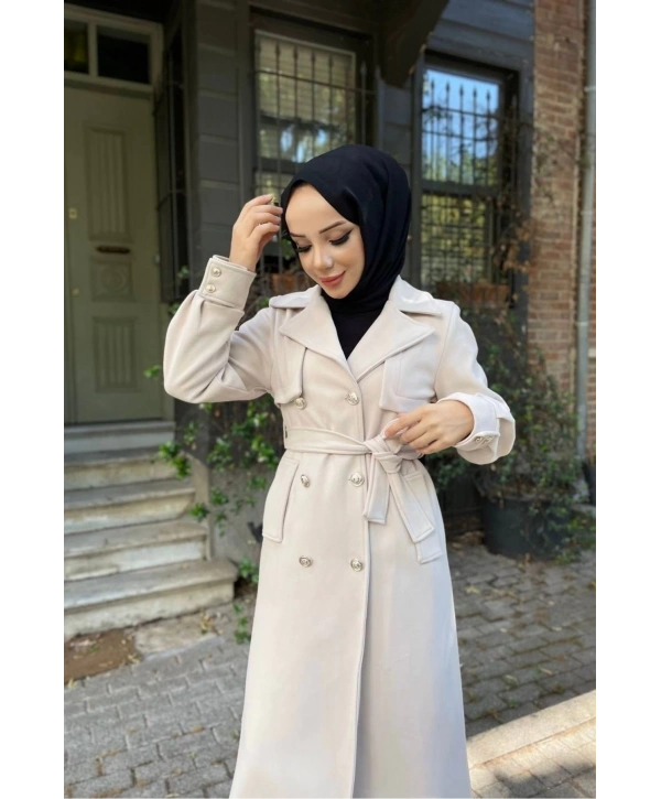 Kadın Kruvaze Polar Kaşe Kaban / M0108 - Krem