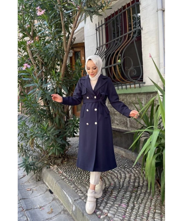 Kadın Kruvaze Polar Kaşe Kaban / M0108 - Lacivert