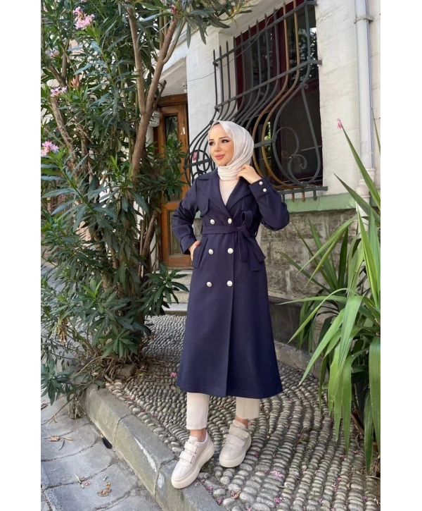 Kadın Kruvaze Polar Kaşe Kaban / M0108 - Lacivert