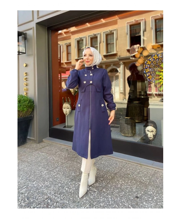 Ara Boy Önü Düğmeli İthal Kaşe Kaban / M0111 - Lacivert