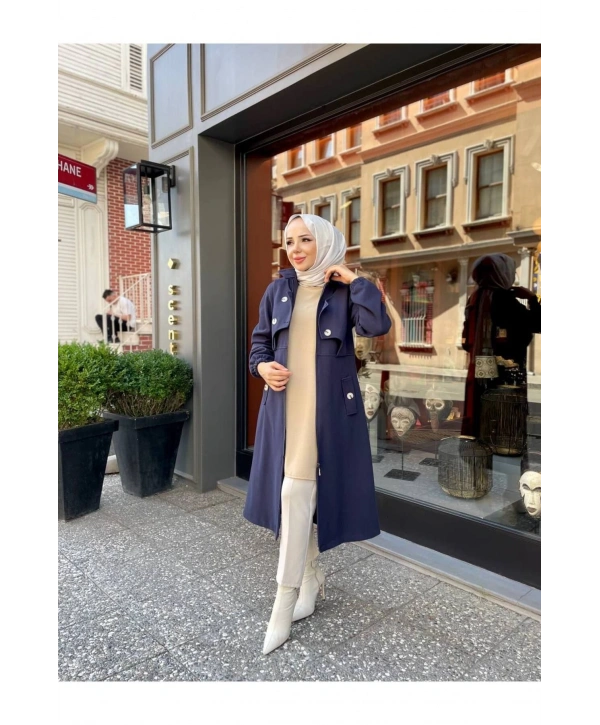 Ara Boy Önü Düğmeli İthal Kaşe Kaban / M0111 - Lacivert