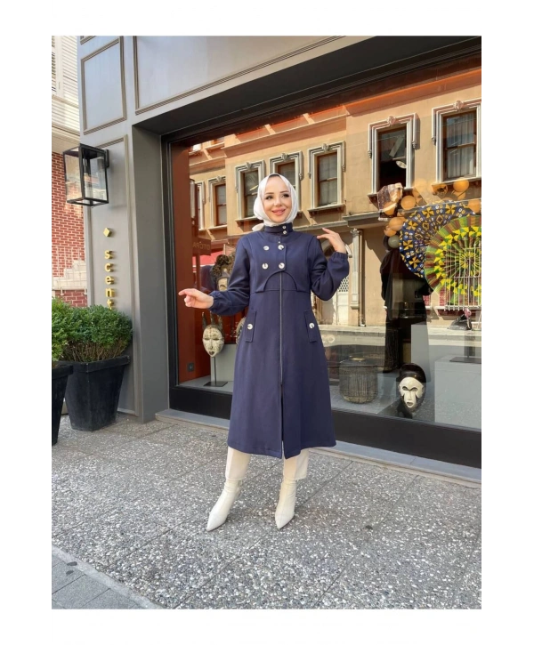 Ara Boy Önü Düğmeli İthal Kaşe Kaban / M0111 - Lacivert