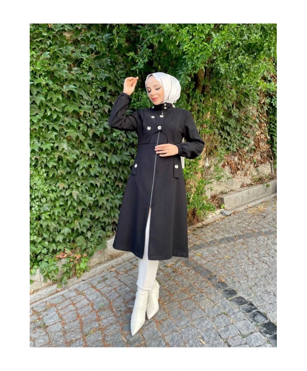 Ara Boy Önü Düğmeli İthal Kaşe Kaban / M0111 - Siyah