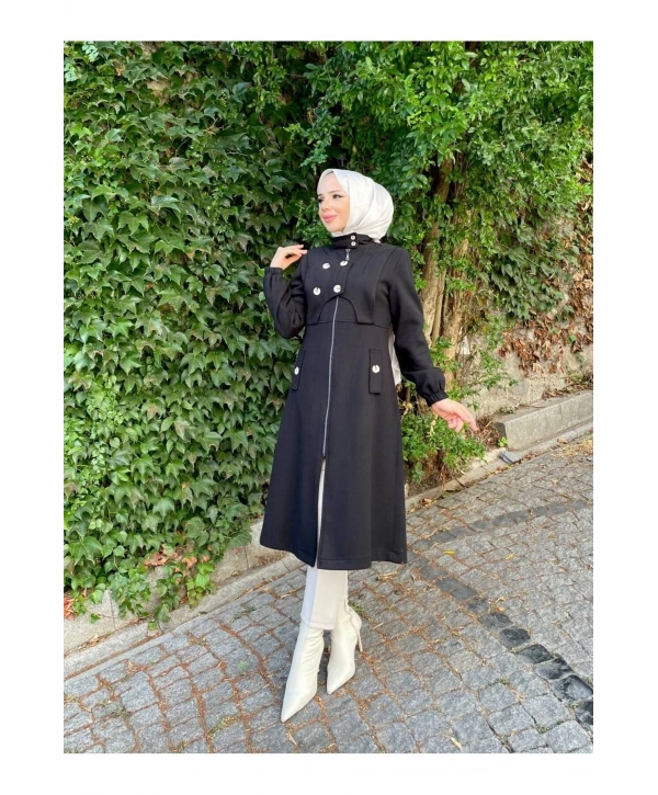 Ara Boy Önü Düğmeli İthal Kaşe Kaban / M0111 - Siyah