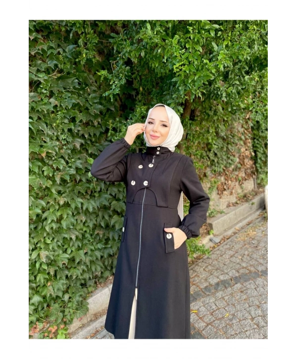 Ara Boy Önü Düğmeli İthal Kaşe Kaban / M0111 - Siyah