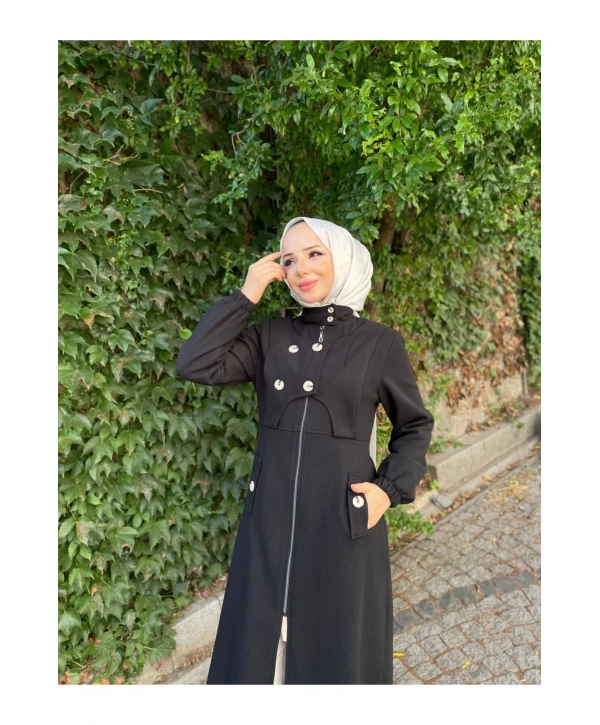 Ara Boy Önü Düğmeli İthal Kaşe Kaban / M0111 - Siyah