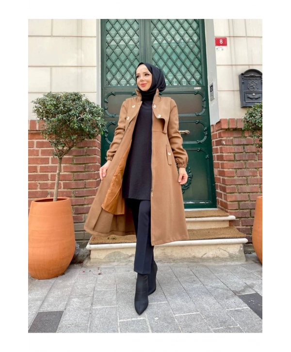 Ara Boy Önü Düğmeli İthal Kaşe Kaban / M0111 - Taba