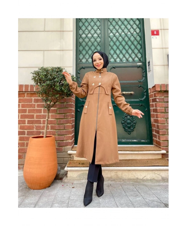 Ara Boy Önü Düğmeli İthal Kaşe Kaban / M0111 - Taba