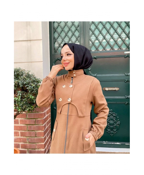 Ara Boy Önü Düğmeli İthal Kaşe Kaban / M0111 - Taba