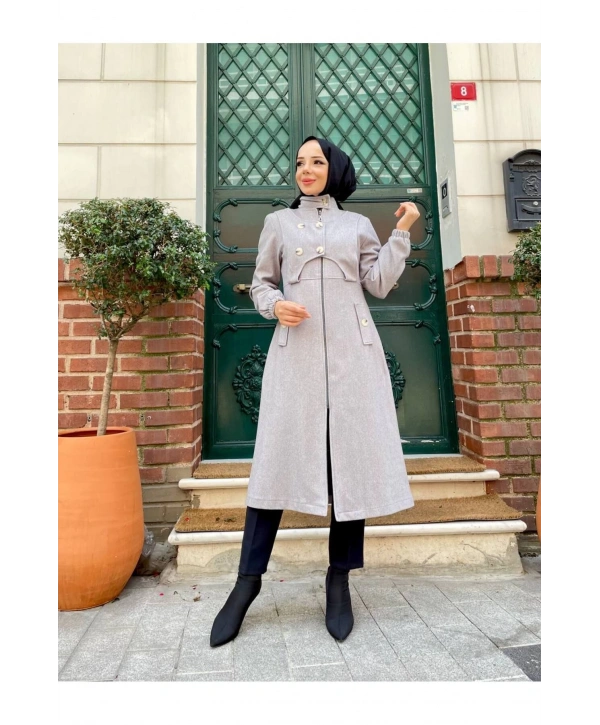 Ara Boy Önü Düğmeli İthal Kaşe Kaban / M0111 - Gri