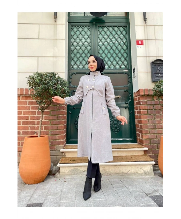 Ara Boy Önü Düğmeli İthal Kaşe Kaban / M0111 - Gri