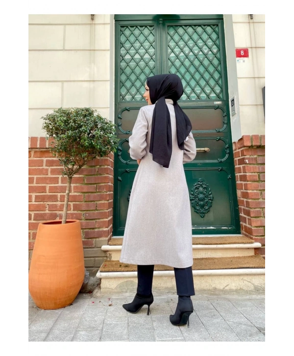 Ara Boy Önü Düğmeli İthal Kaşe Kaban / M0111 - Gri