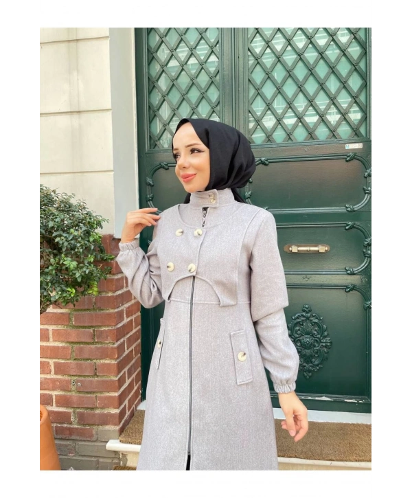 Ara Boy Önü Düğmeli İthal Kaşe Kaban / M0111 - Gri