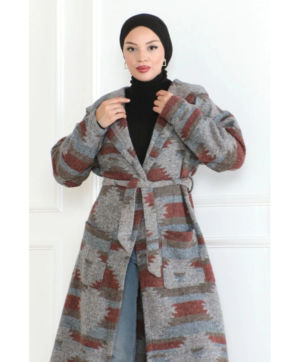 Winter Desen Oduncu Kuşaklı Kap / Bordo - F0505