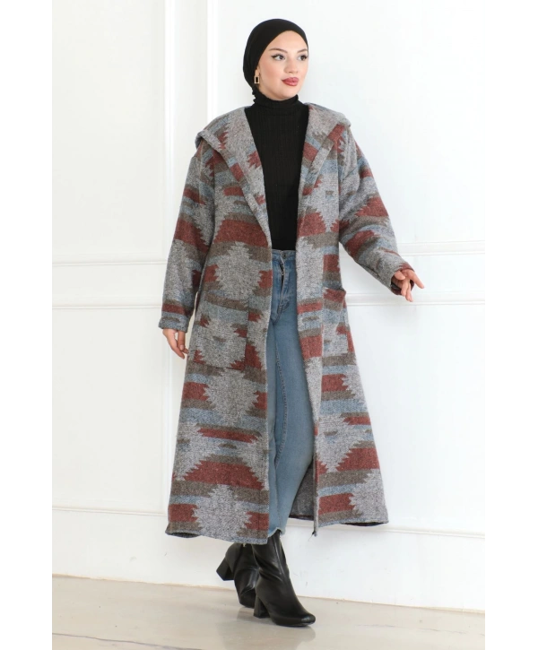 Winter Desen Oduncu Kuşaklı Kap / Bordo - F0505