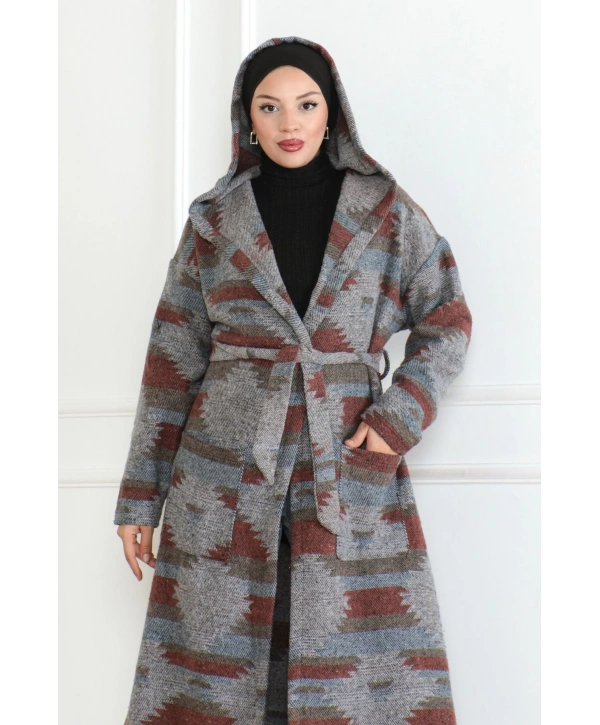 Winter Desen Oduncu Kuşaklı Kap / Bordo - F0505