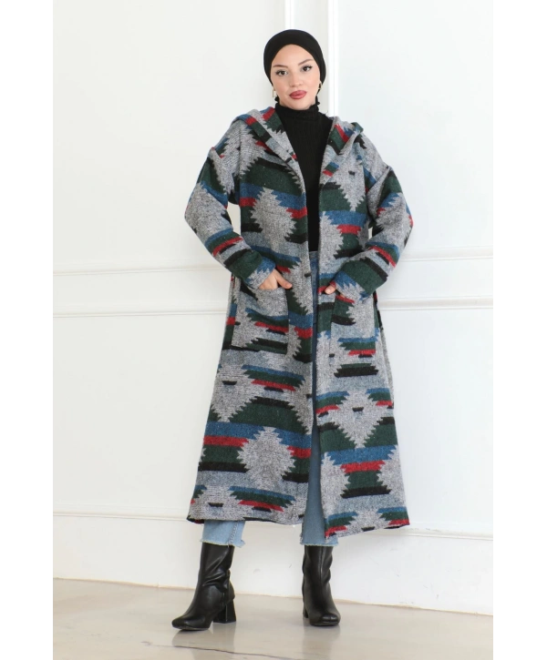 Winter Desen Oduncu Kuşaklı Kap / Lacivert - F0505