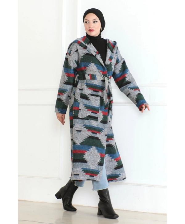 Winter Desen Oduncu Kuşaklı Kap / Lacivert - F0505