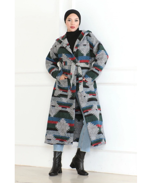 Winter Desen Oduncu Kuşaklı Kap / Lacivert - F0505