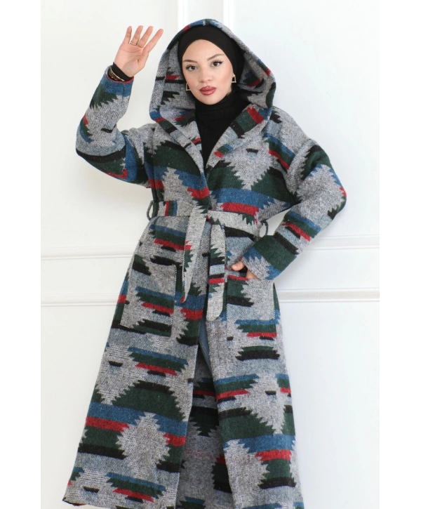 Winter Desen Oduncu Kuşaklı Kap / Lacivert - F0505