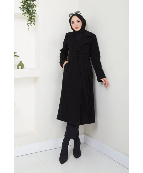 Uzun Polar Kaşe Kaban / M0112 - Siyah