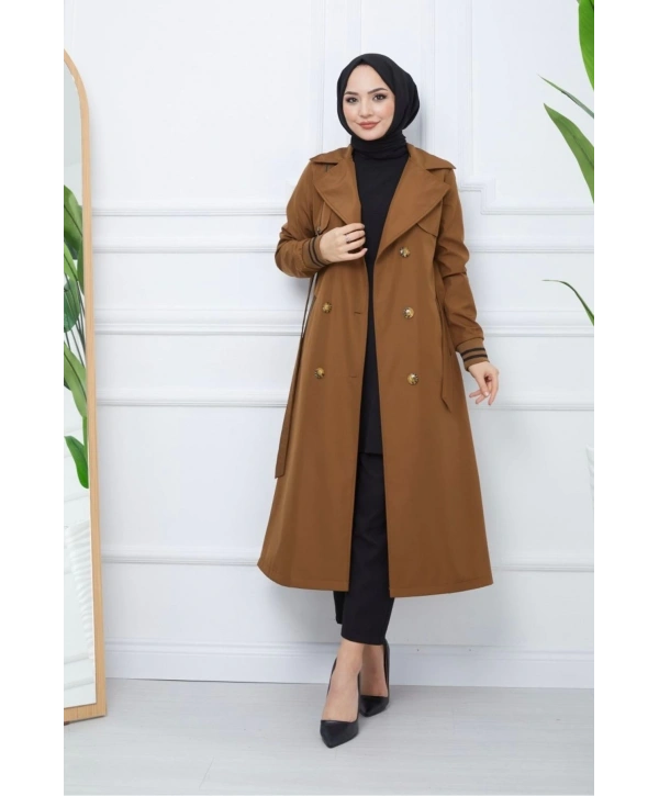 Bondit Kumaş Ribanalı Uzun Boy Trençkot / Kahverengi - M0110