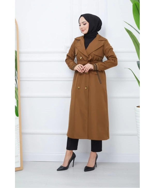 Bondit Kumaş Ribanalı Uzun Boy Trençkot / Kahverengi - M0110