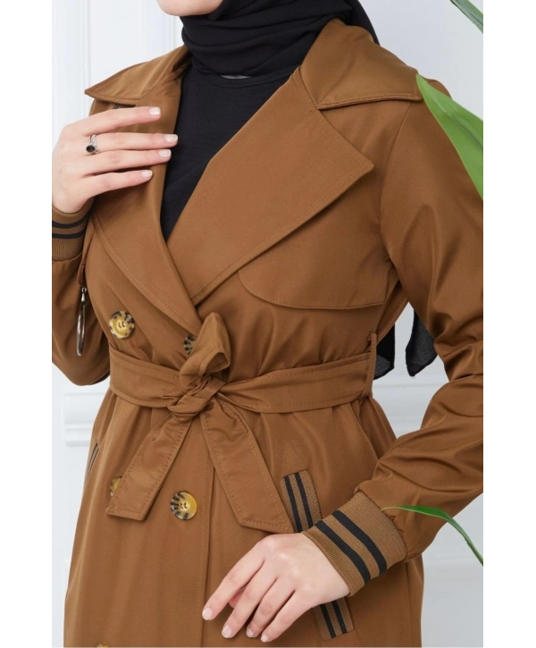 Bondit Kumaş Ribanalı Uzun Boy Trençkot / Kahverengi - M0110