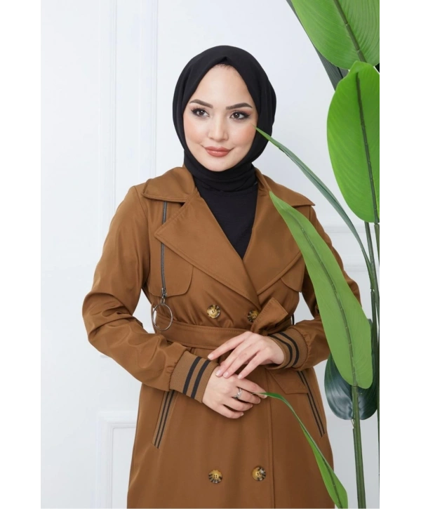 Bondit Kumaş Ribanalı Uzun Boy Trençkot / Kahverengi - M0110