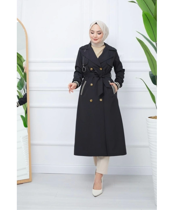 Bondit Kumaş Ribanalı Uzun Boy Trençkot / Siyah - M0110