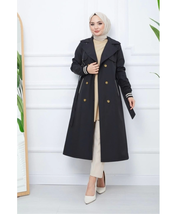 Bondit Kumaş Ribanalı Uzun Boy Trençkot / Siyah - M0110