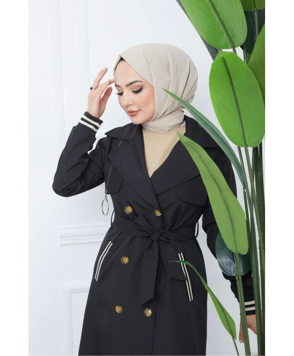 Bondit Kumaş Ribanalı Uzun Boy Trençkot / Siyah - M0110