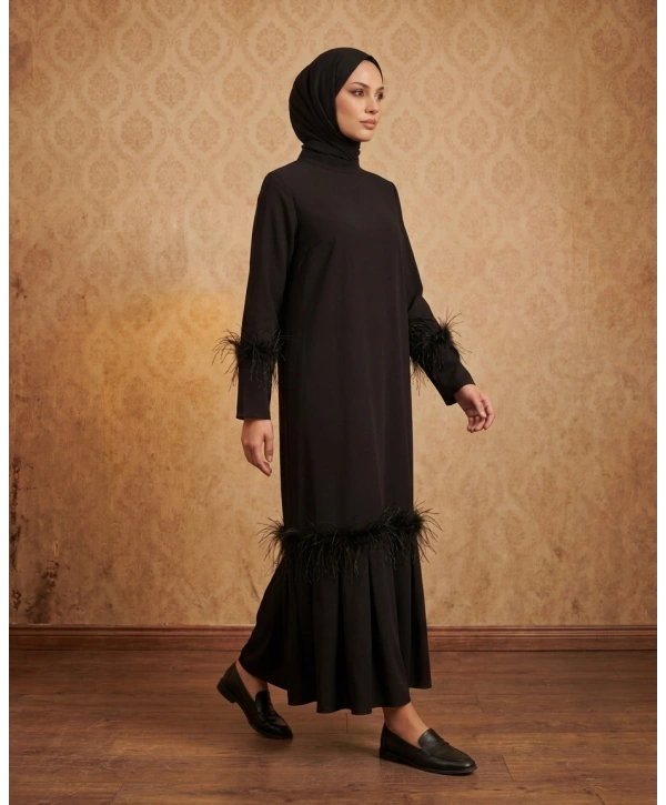 Tüy Detaylı Zarif Elbise / Siyah - E0133