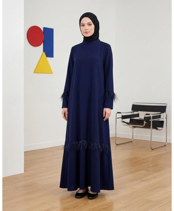 Tüy Detaylı Zarif Elbise / Lacivert - E0133