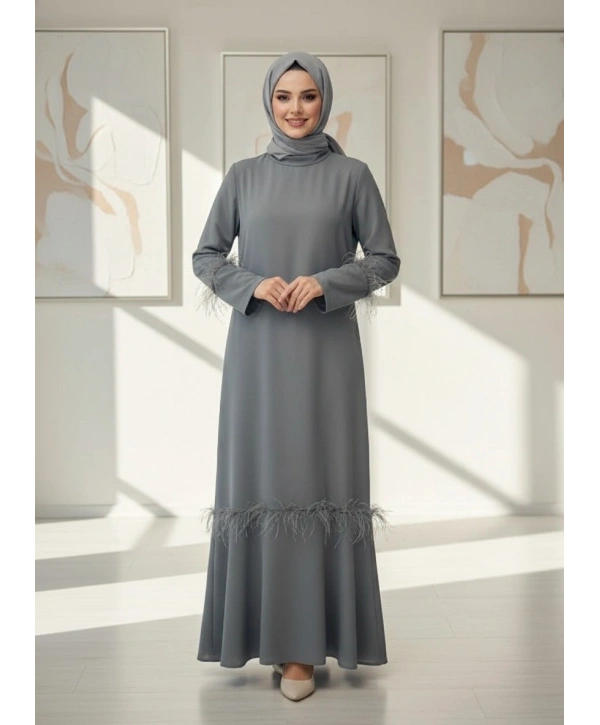 Tüy Detaylı Zarif Elbise / Gri - E0133