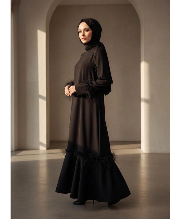 Tüy Detaylı Zarif Elbise / Siyah - E0133
