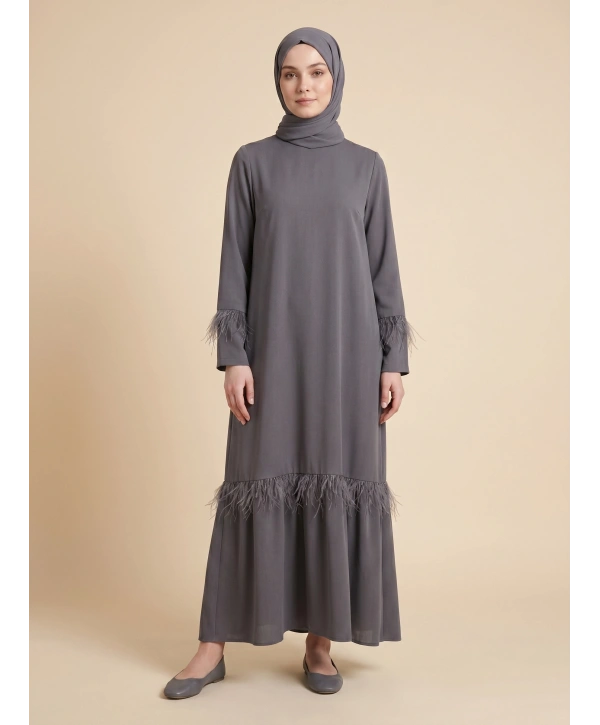 Tüy Detaylı Zarif Elbise / Gri - E0133