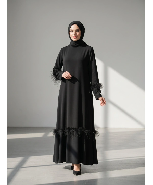 Tüy Detaylı Zarif Elbise / Siyah - E0133