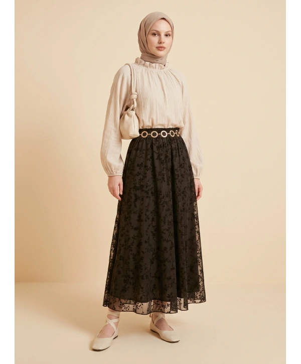 Flok Tül Çiçek Desenli Etek - Kahverengi / A0107